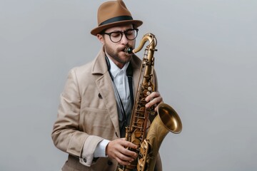 Fototapeta premium A man dressed in a suit and hat plays a saxophone, great for jazz or music-themed projects