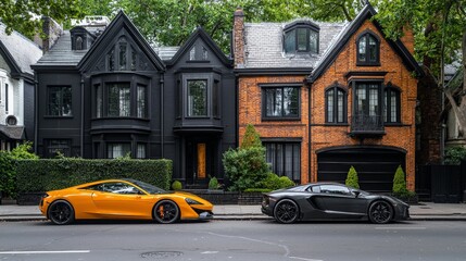 Fototapeta premium A luxurious mansion with a fancy car in front contrasted with a tiny, rundown house on the same street, representing rich vs poor