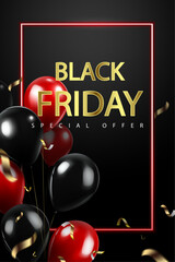 vector illustration black friday special offer celebration sale banner with bright red and black balloons.