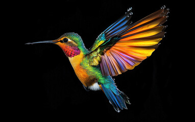 Fototapeta premium Macro Shot of Hummingbird Hovering with Vibrant Wings and Water Droplets