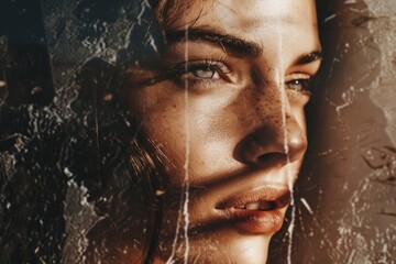 Fototapeta premium A close-up shot of a woman's face looking out from behind a window, possibly feeling isolated or confined
