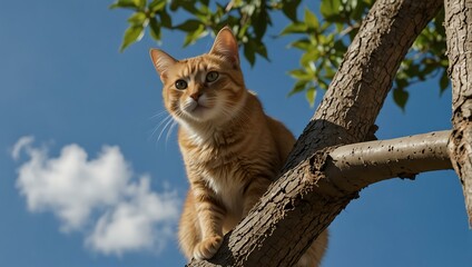 Cat on a tree branch gazing at the camera against a blue sky.