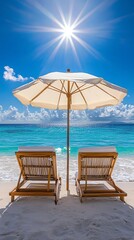 Two beach chairs under a white umbrella on a white sand beach with clear blue water and a bright sun.