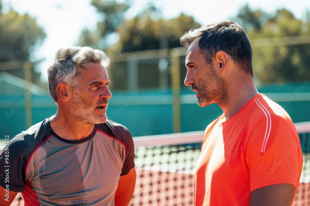 Poster Two men playing tennis, standing next to each other on the court