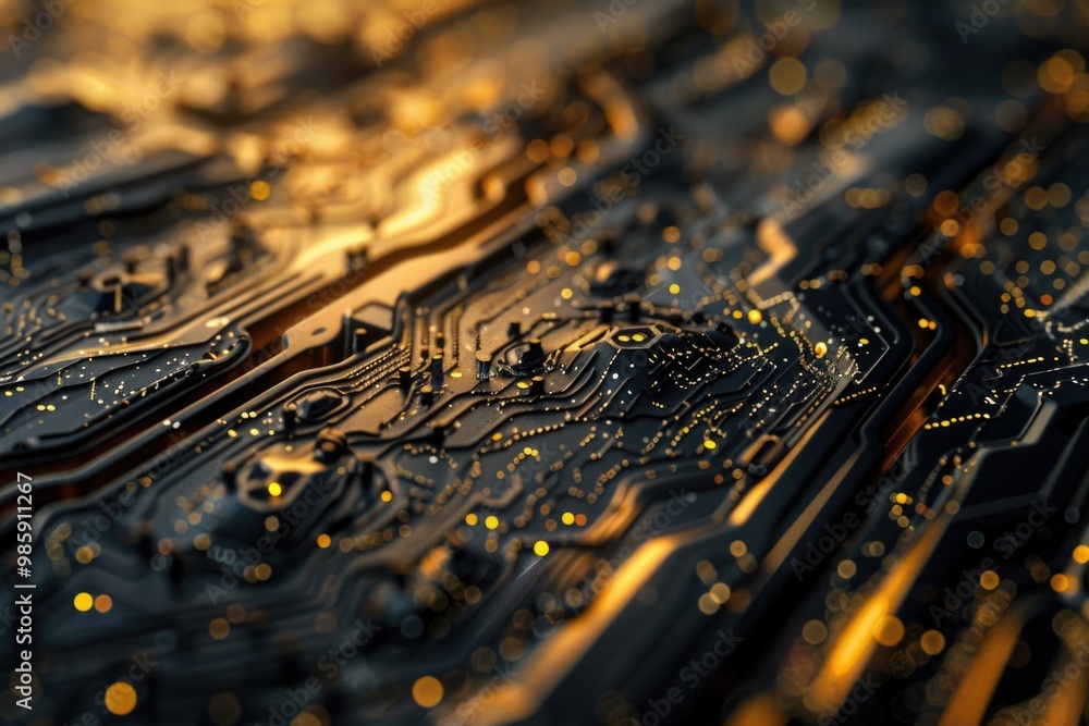 Poster A detailed view of a computer circuit board with various components and wiring