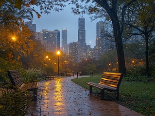 Two benches on a wet brick pathway in a city park at dusk with a tall building in the distance.