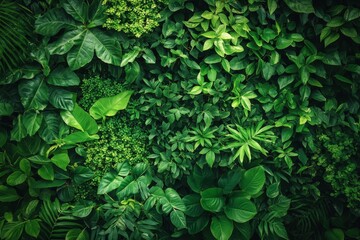 Obraz premium Lush Green Foliage Wall - A vibrant and textured background featuring a dense collection of green leaves, perfect for nature-inspired designs, home decor, and botanical themes.