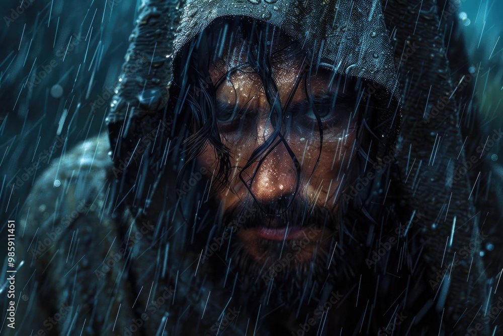 Poster a person wearing a hooded jacket walks in the rain, suitable for use as a background or props