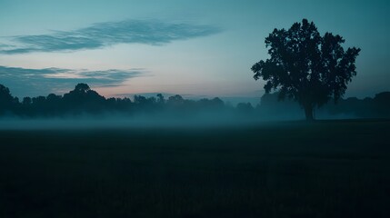 A single tree stands tall in a foggy field at dawn.