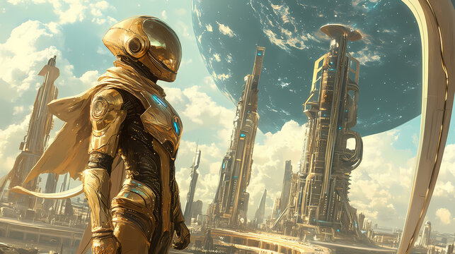 Futuristic alien warrior in golden armor standing in front of a sci-fi city. galactic empire. illustration. Futuristic Armor. Illustration