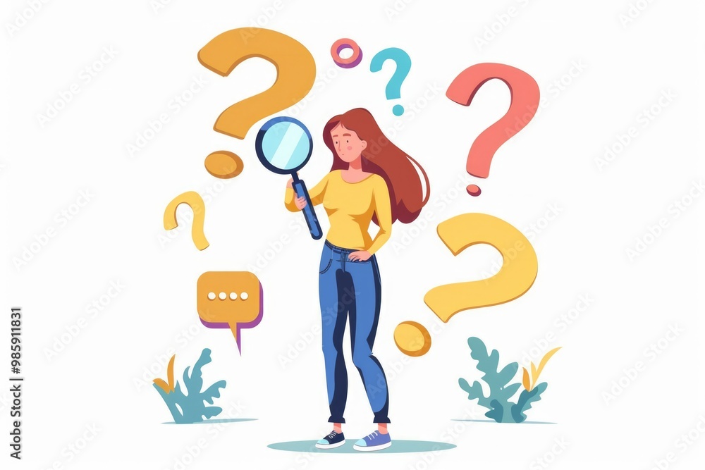 Poster a woman holds a magnifying glass in front of question marks, potentially searching for answers or cl