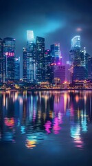 Fototapeta premium Cityscape of skyscrapers lit up at night, reflected in the water.