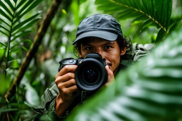 Skilled Photographer Exploring the Lush Tropical Rainforest with Professional Equipment