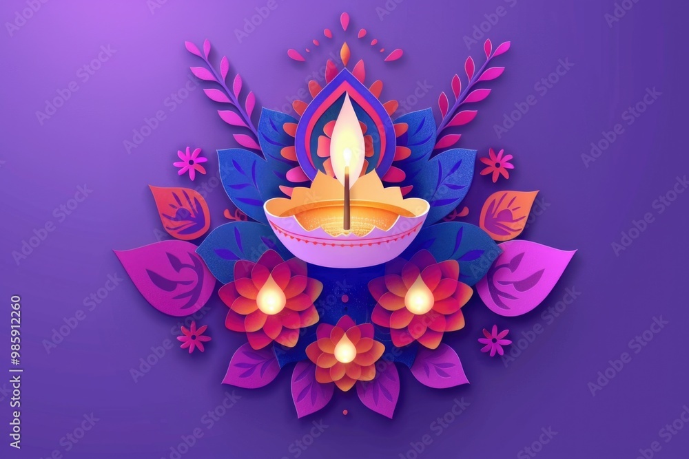 Wall mural A paper cut of a lit candle surrounded by leaves and flowers