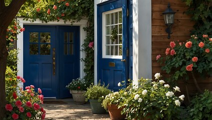 Charming cottage entrance with a cobalt blue door framed by climbing roses.