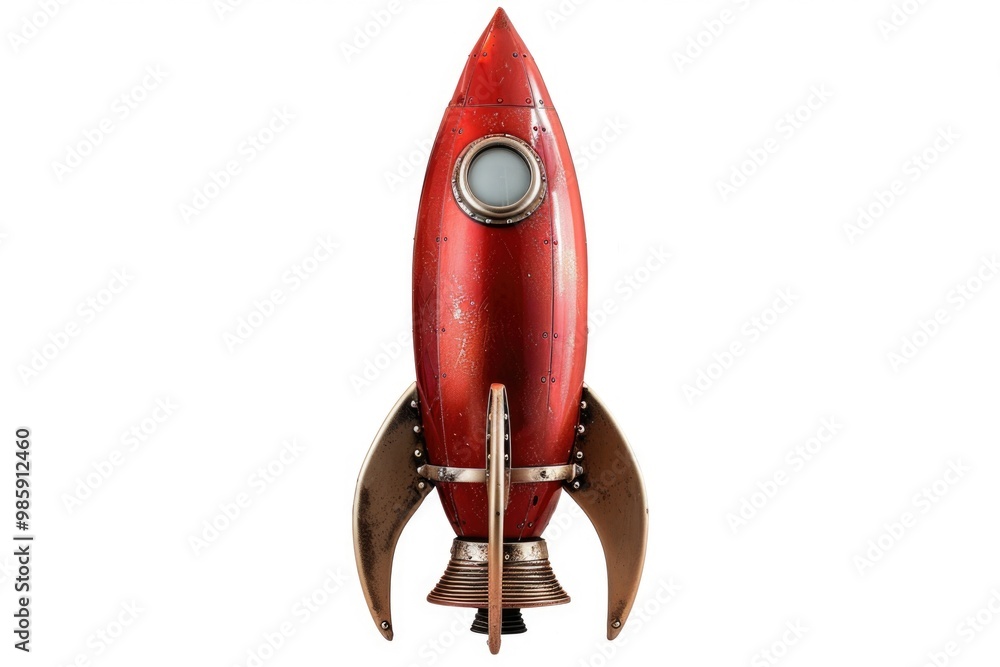 Poster a model of a red rocket ship sitting on a clean white background, great for science and technology r
