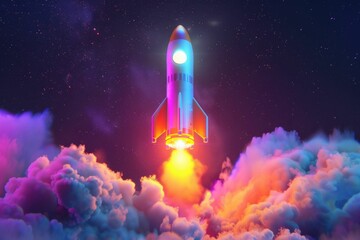A rocket launching into space, leaving behind vibrant clouds of smoke, under a starry night sky with colorful hues