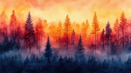 Fototapeta premium ethereal watercolor forest with misty silhouettes of trees in various seasons blending vibrant autumn hues with soft spring pastels and cool winter tones