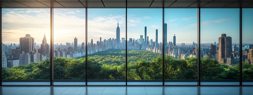 Fototapeta A view of the city from inside an office building, the New York skyline visible through glass windows. Trees can be seen outside, with towering skyscrapers in the distance. 