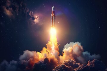 Obraz premium Rocket launching into space with vibrant flames and smoke against a starry night sky