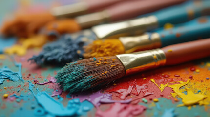 Obraz premium Colorful Artistic Paint Brushes: Close-Up Photography of Paintbrushes with Paint Strokes on Canvas