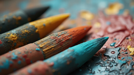 Fototapeta premium Colorful Artistic Paint Brushes: Close-Up Photography of Paintbrushes with Paint Strokes on Canvas