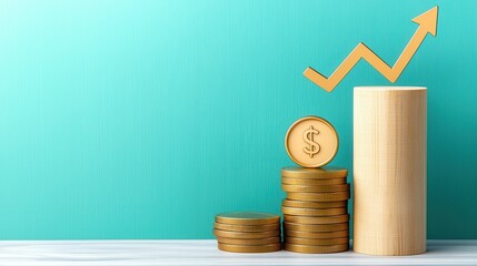 Financial Progress Concept - Minimalist Bar Chart with Upward Arrows and Debt Icon Symbolizing Debt Reduction, Copy Space for Text