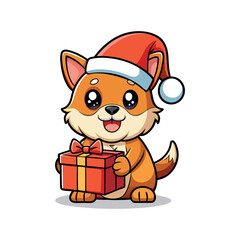 A Dog wearing a Santa hat and a gift, Christmas Vector art illustration