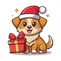 A Dog wearing a Santa hat and a gift, Christmas Vector art illustration