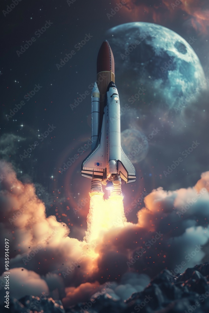 Poster A space shuttle taking off into the blue sky with clouds and contrails