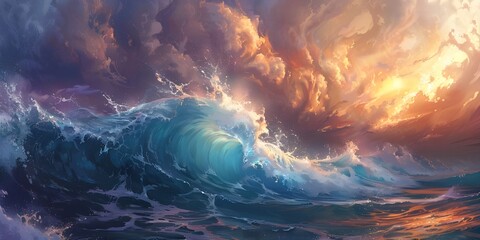 Dramatic Sea Wave Against a Vibrant Twilight Horizon
