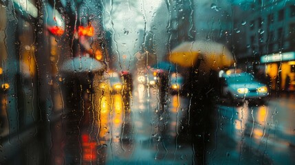 Fototapeta premium A view through a rain-covered window of a busy city street illuminated by nighttime lights.