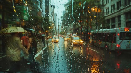 A view through a rain-covered window of a busy city street illuminated by nighttime lights.