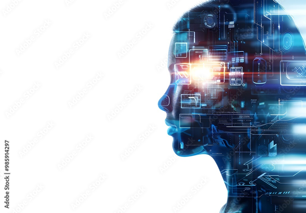 Poster a side view of an ai robot head with glowing data streams and icons, set against a white background