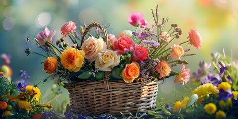 Rustic Basket Overflowing with Fresh Roses and Wildflowers
