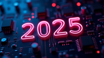 A close-up of the year 2025 written in neon on an AI board