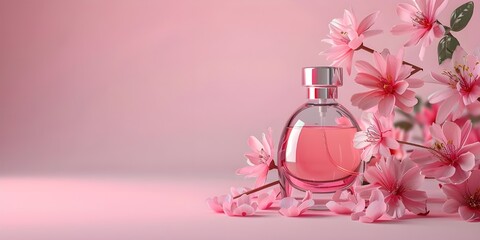 Elegant Pink Perfume Bottle with Blooming Flowers
