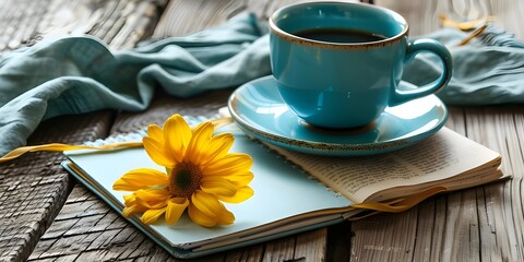 Cozy Coffee Moment with Notebook and Floral Accent
