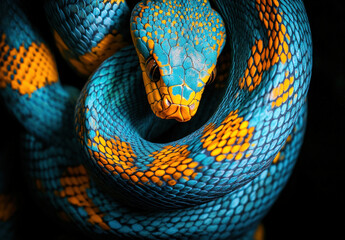 Fototapeta premium Exotic Snake with Blue and Orange Scales in High-Detail Close-Up