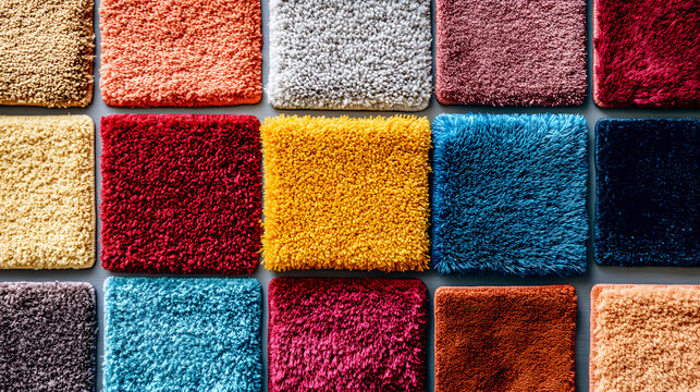 Various carpet samples in bold colors, each with a different texture such as shag