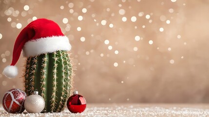 A festive cactus dons a Santa hat, surrounded by Christmas ornaments, set against a soft, sparkling background.