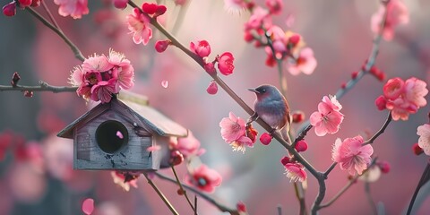 Idyllic Springtime Moment with a Birdhouse and Blossoms

