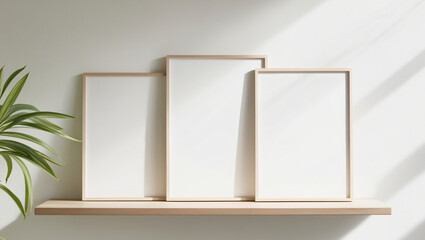 Wooden frame mockup of various sizes displayed on a white wall, suitable for showcasing posters in a clean and modern setting.