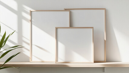 Wooden frame mockup of various sizes displayed on a white wall, suitable for showcasing posters in a clean and modern setting.