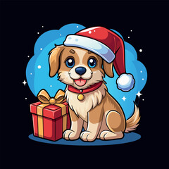 A Dog wearing a Santa hat and a gift, Christmas Vector art illustration
