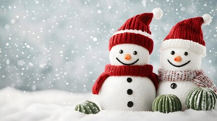 Two cheerful snowmen in red hats and scarves, surrounded by snowfall, embodying the festive spirit of winter and the holiday season.
