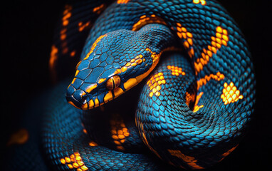 Obraz premium Macro Shot of Colorful Blue and Orange Snake in Coiled Position