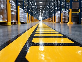 Yellow and black warning stripes on a warehouse floor.