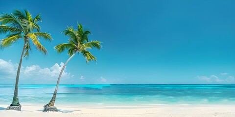 Serene Beach Scene with Palm Trees and Clear Blue Sky
