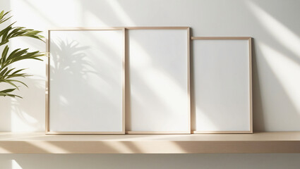 Wooden frame mockup of various sizes displayed on a white wall, suitable for showcasing posters in a clean and modern setting.